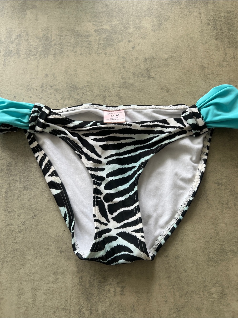 La Vie En Rose Zebra Print Bikini Bottom with Turquoise Side Ties